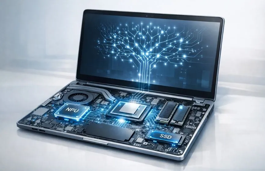 AI-powered laptop hardware showing NPU, CPU, RAM, and SSD designed for Windows 12 requirements