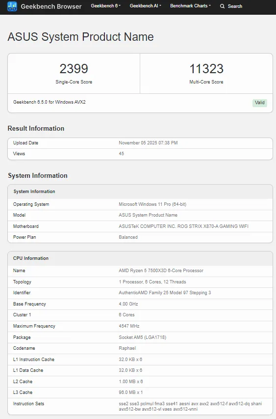 AMD Ryzen 5 7500X3D with 96MB Cache and 4.55GHz Boost Appears on Geekbench: Budget Zen 4 X3D CPU Coming Soon 1 Geekbench 6 result showing AMD Ryzen 5 7500X3D CPU single-core and multi-core benchmark scores.