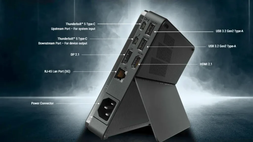 ASUS ROG XG Mobile 2025 showing Thunderbolt 5, DisplayPort 2.1, HDMI 2.1, USB 3.2, and 2.5G LAN ports