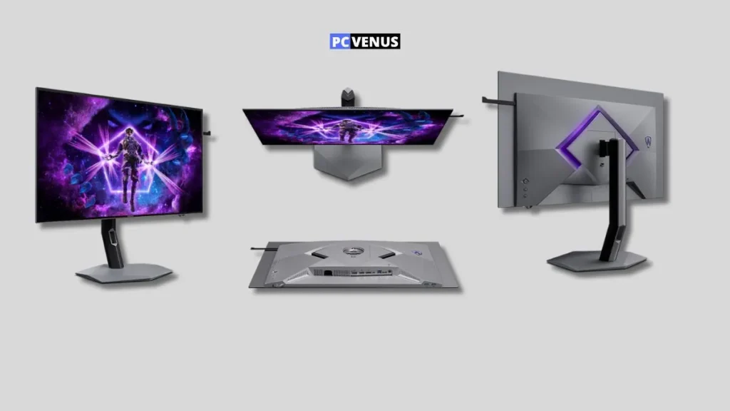 AOC Agon Pro AGP327UZD OLED gaming monitor showing front, side, top, and rear design views with RGB lighting and ergonomic stand.