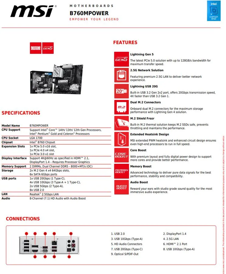 Leaked image of MSI B760MPOWER motherboard and packaging box featuring black and silver heatsinks and LGA 1700 socket