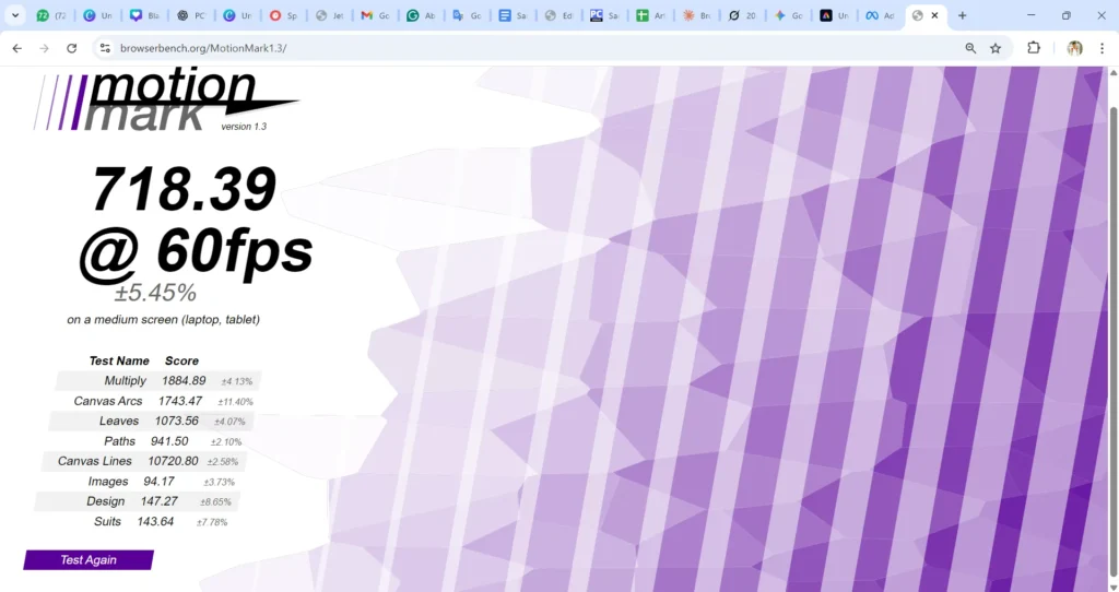 MotionMark 1.3 benchmark result showing Google Chrome scoring 718.39 at 60 FPS with 5.45 percent variation on a medium screen Windows laptop.