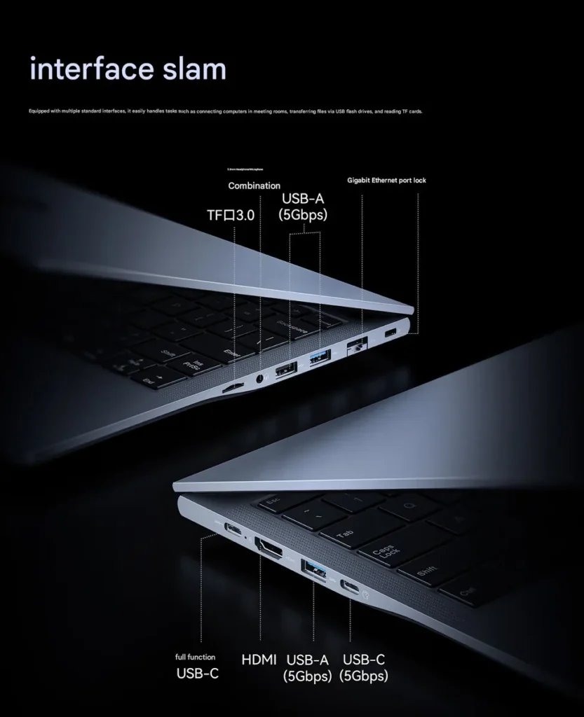 Orico laptop showing dual USB-C, HDMI, USB-A, Ethernet, and TF card slots for extended connectivity