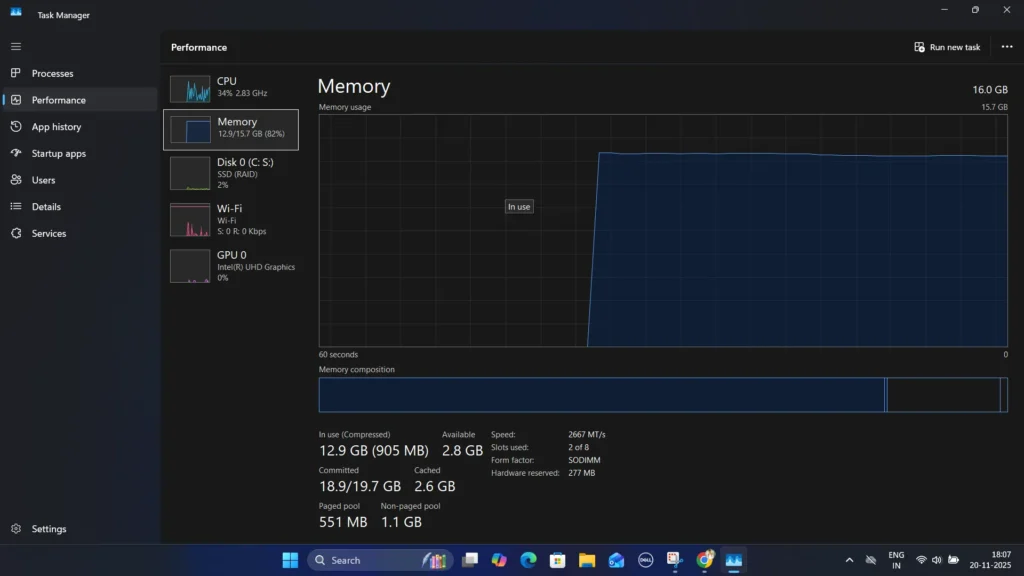 6 Best Digital Nomad Laptops in 2025: Tested 21 Task Manager showing 16GB laptop using nearly 13GB RAM during multitasking