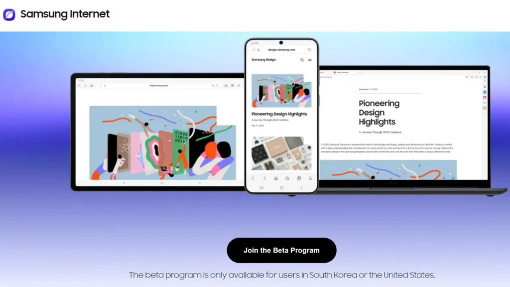 Samsung Internet beta displayed on Galaxy devices and laptops with Join the Beta Program button.