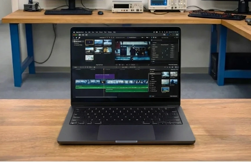 Apple MacBook Pro M5 Review: Full Spes, Real Performance, Battery & Testing 20 Apple MacBook Pro M5 displaying a video editing timeline on screen while placed on a test desk