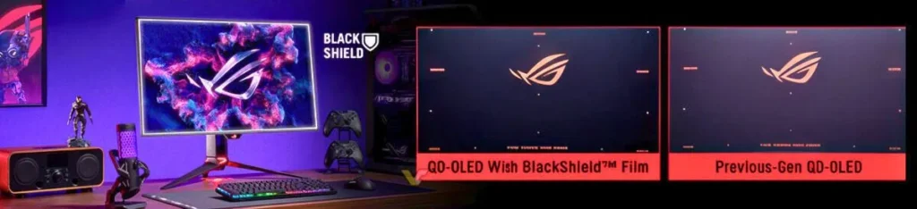 ASUS ROG BlackShield OLED film comparison showing improved contrast and reduced reflections