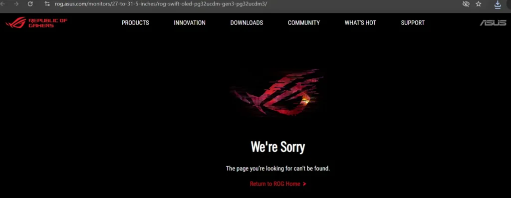 ASUS ROG website showing unavailable product page for PG32UCDM3 gaming monitor