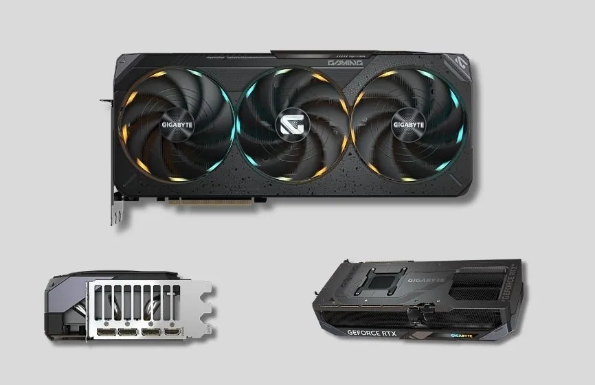Multiple views of the ASUS TUF Gaming RTX 5090D V2 graphics card, highlighting triple-fan cooling, rear backplate, and display outputs.