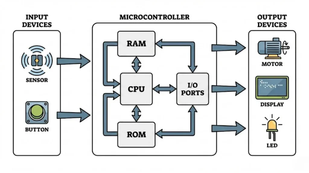 What Is an Embedded System? Definition, Types, Examples & Career 1 Block diagram showing input devices, microcontroller, and output devices in an embedded system