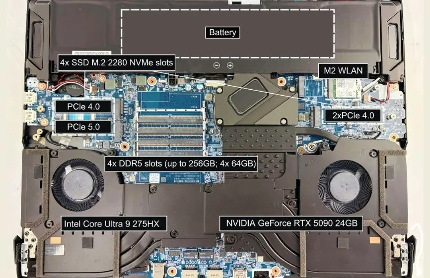 Eurocom Raptor X18 internal layout showing Intel Core Ultra 9 processor, RTX 5090 GPU, and multiple SSD slots