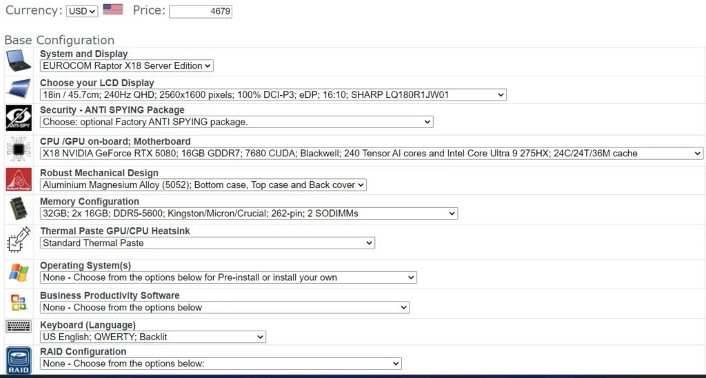 eurocom raptor x18 server edition configuration price
