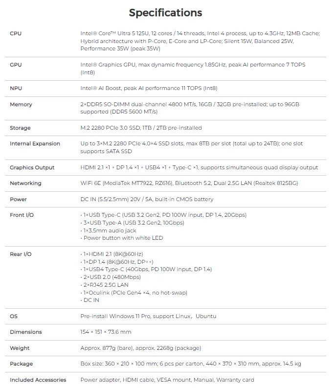 GMKtec Launches NucBox K15 Mini PC With OCuLink eGPU Support 3 GMKtec NucBox K15 specifications listing Intel Core Ultra 5 125U processor, memory, storage, connectivity, and expansion options