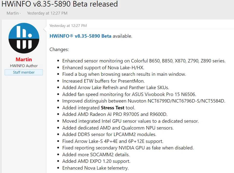 HWiNFO Beta Adds AMD EXPO 1.20 Support