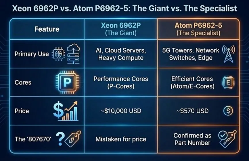 Intel Atom P6962-5 Spotted on Mouser for 5G Edge Use 1 Intel Atom P6962-5 vs Xeon 6962P comparison showing 5G edge use, pricing difference, and core design