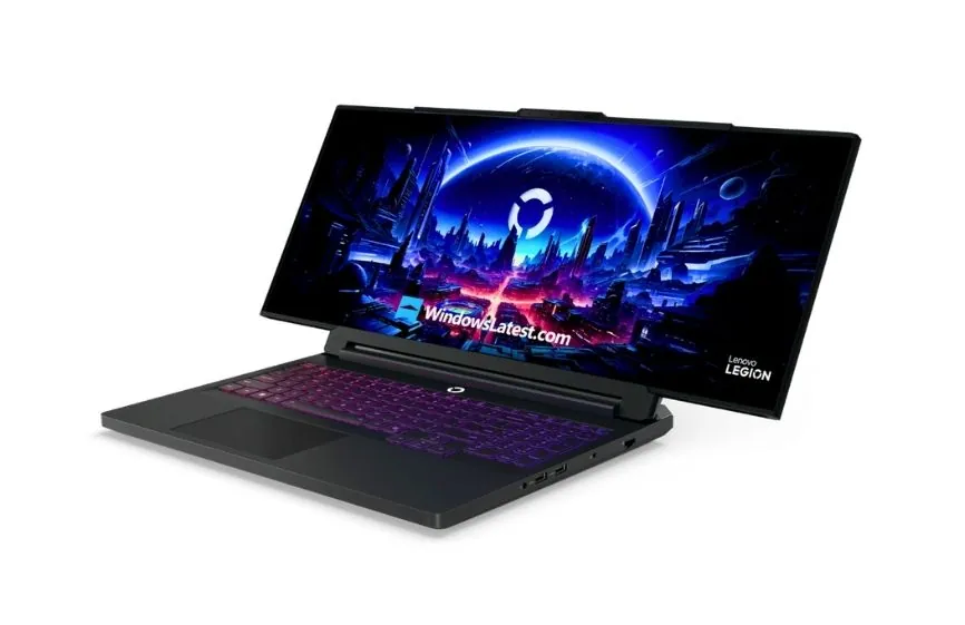 Angled view of Lenovo Legion Pro Rollable laptop showing expandable rollable OLED screen design