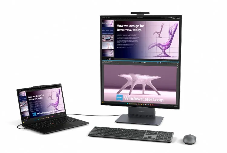 Lenovo Yoga Mini PC connected to an external monitor and peripherals, demonstrating desktop-style usage in a minimal workspace