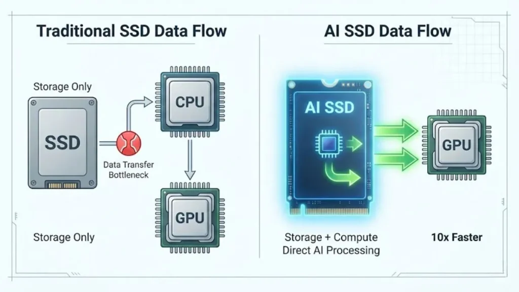 NVIDIA and SK hynix Begin Joint Development of AI-Focused SSDs 1 Comparison diagram showing traditional SSD data flow versus AI SSD with direct GPU processing