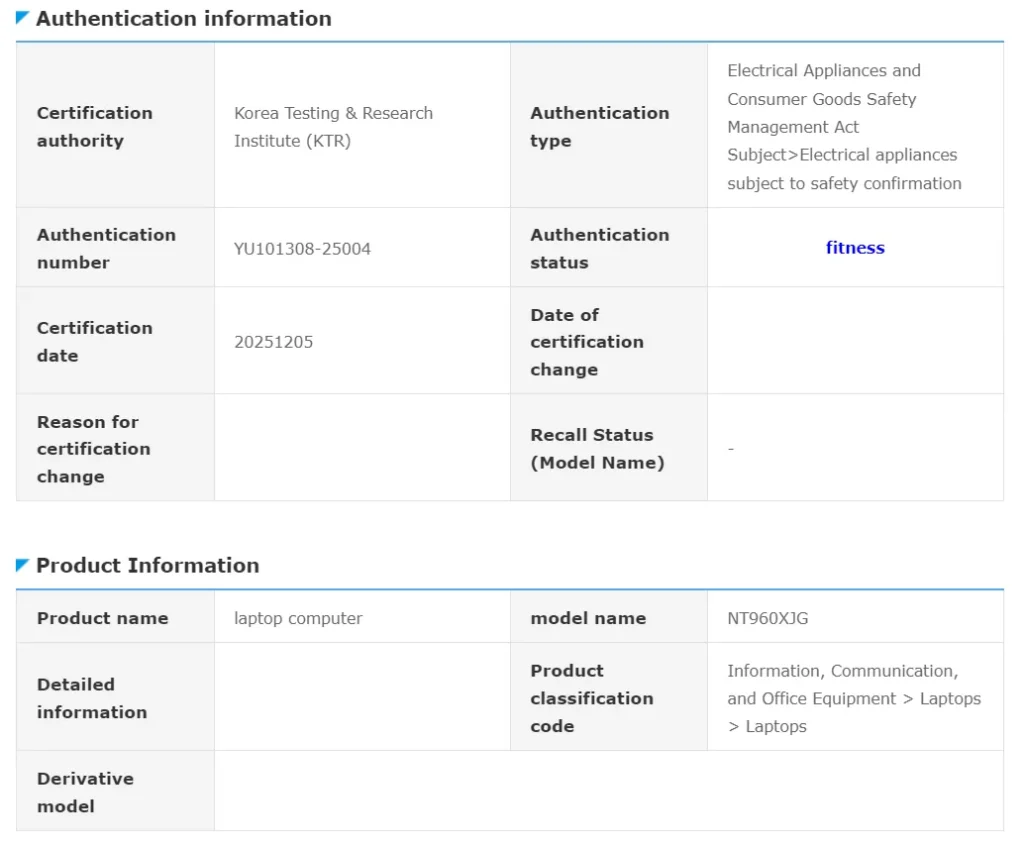 Samsung Galaxy Book6 Pro laptop chassis photographed during Safety Korea certification listing