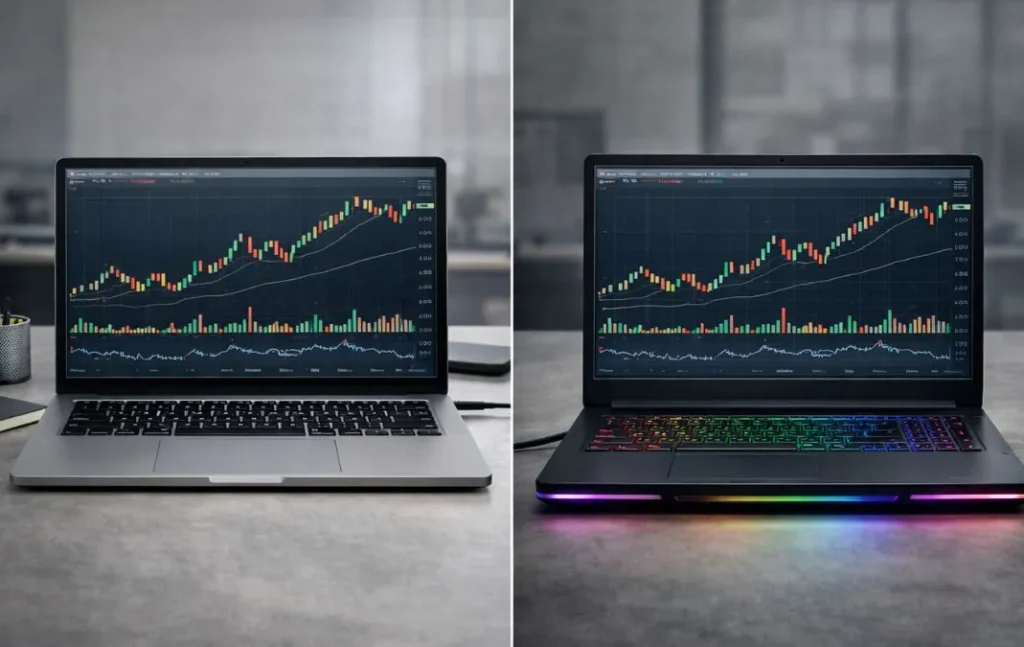 Best Laptops for Trading in 2026: Multi-Monitor, and All-Day Ready 10 Comparison between a thin and light laptop and a gaming laptop running trading charts on screen.