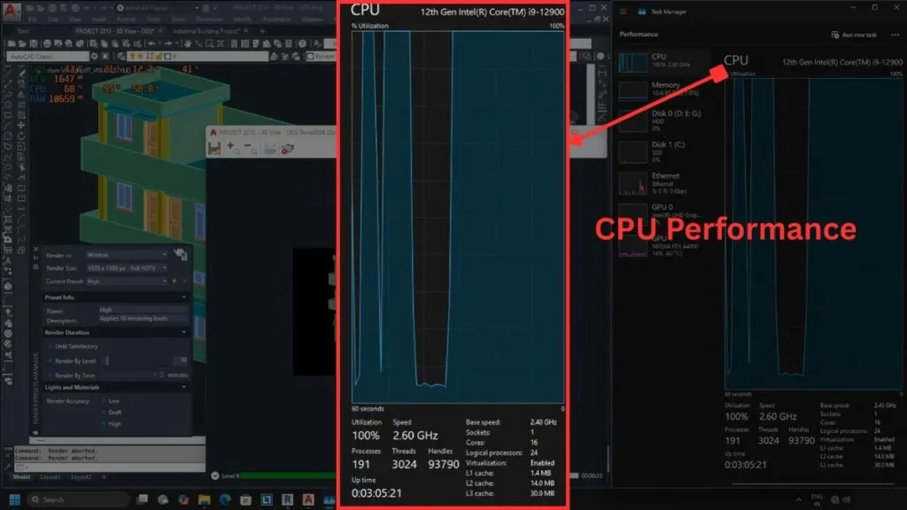Best Laptop for AutoCAD and Revit in 2026: Our Top Picks 5 High CPU utilization shown in Windows Task Manager while AutoCAD 2025 performs rendering tasks