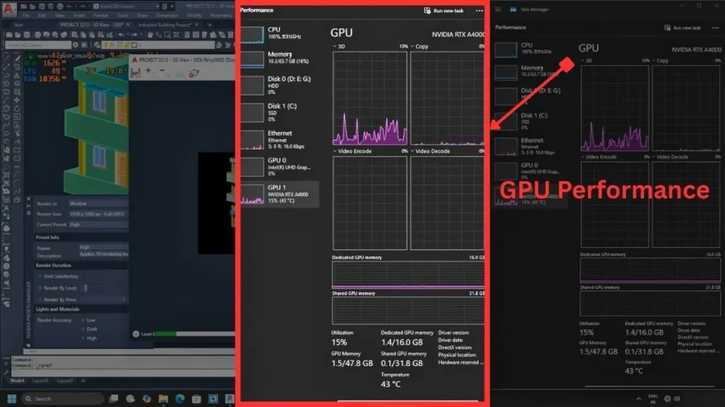 Best Laptop for AutoCAD and Revit in 2026: Our Top Picks 4 Windows Task Manager showing NVIDIA RTX GPU utilization while AutoCAD 2025 is running a 3D workload