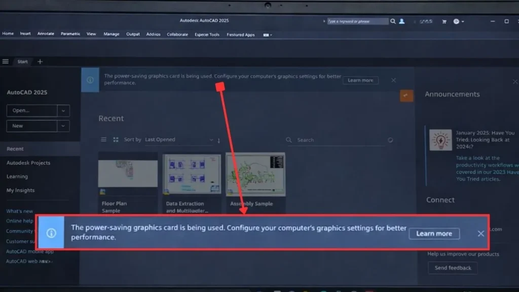 Best Laptop for AutoCAD and Revit in 2026: Our Top Picks 6 AutoCAD 2025 interface showing power-saving graphics card warning recommending better GPU settings for performance