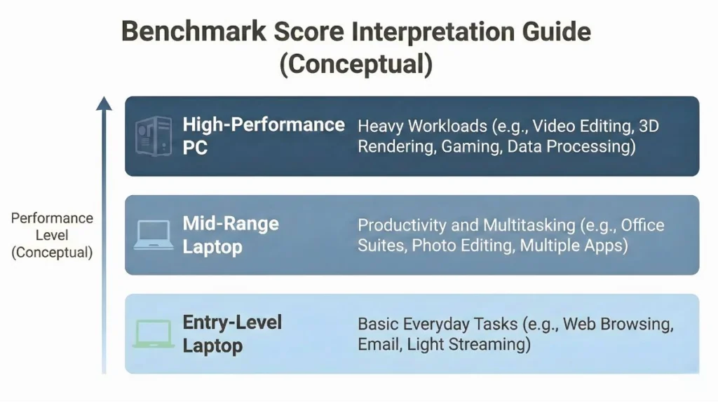 Benchmark score interpretation guide categorizing entry-level laptops, mid-range laptops, and high-performance PCs.