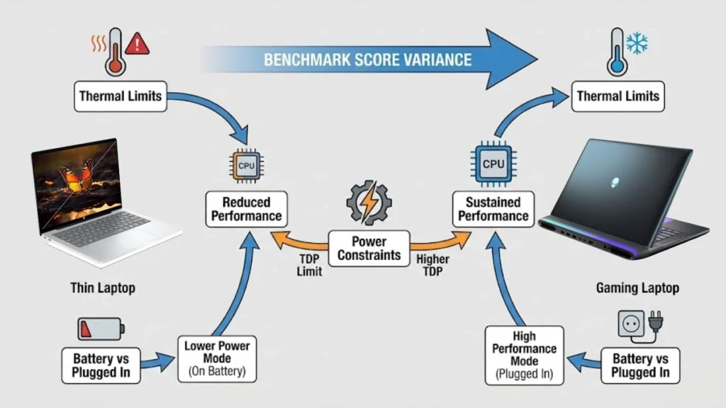 Benchmark score variance caused by thermal limits, power constraints, and battery versus plugged-in laptop usage.