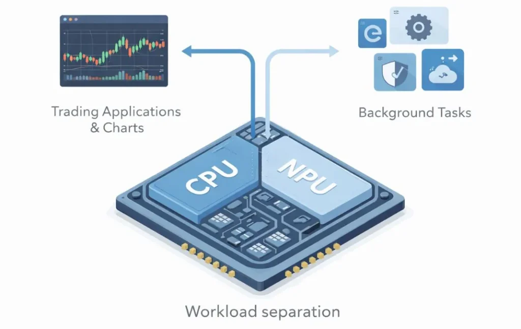 Best Laptops for Trading in 2026: Multi-Monitor, and All-Day Ready 6 Illustration showing CPU and NPU workload separation for trading applications and background tasks.