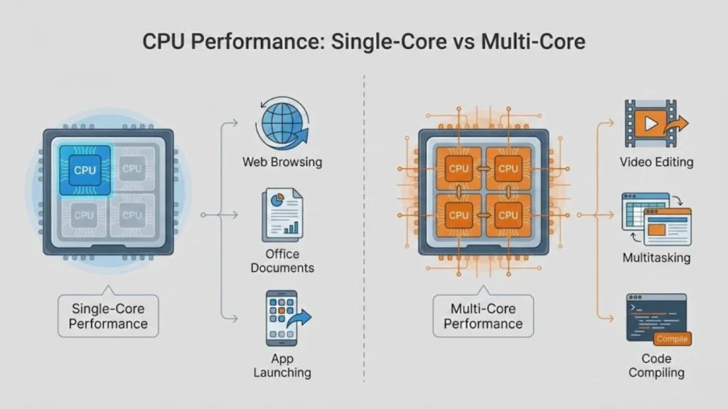 Single-core vs multi-core CPU performance comparison showing workloads like web browsing, multitasking, and video editing.