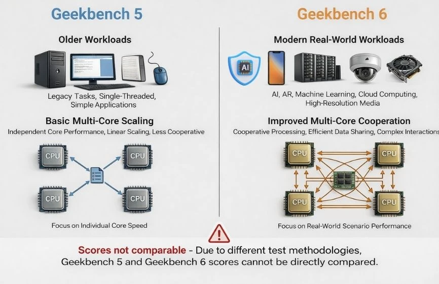 Geekbench 5 vs Geekbench 6 comparison showing differences in workloads, architecture, and score interpretation.