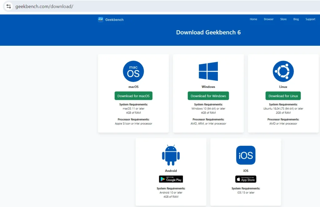 Geekbench 6 download page showing available versions for macOS, Windows, Linux, Android, and iOS.