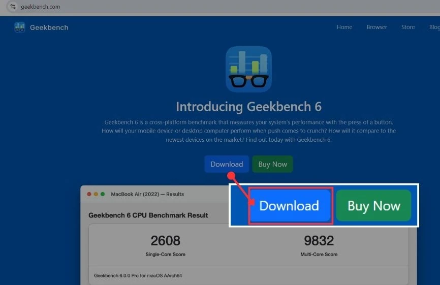 Geekbench 6 homepage displaying CPU benchmark results with single-core and multi-core scores.