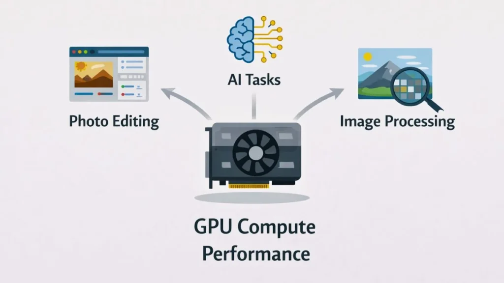 GPU compute performance diagram highlighting AI tasks, photo editing, and image processing workloads.