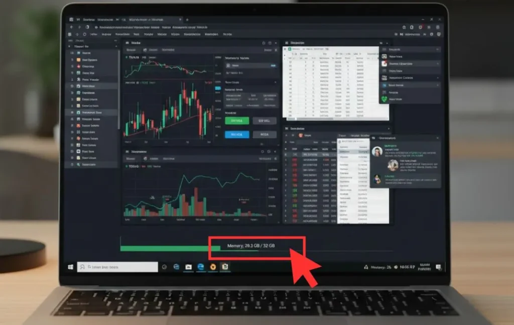Best Laptops for Trading in 2026: Multi-Monitor, and All-Day Ready 7 Laptop displaying multiple trading applications with high RAM usage during active trading sessions.