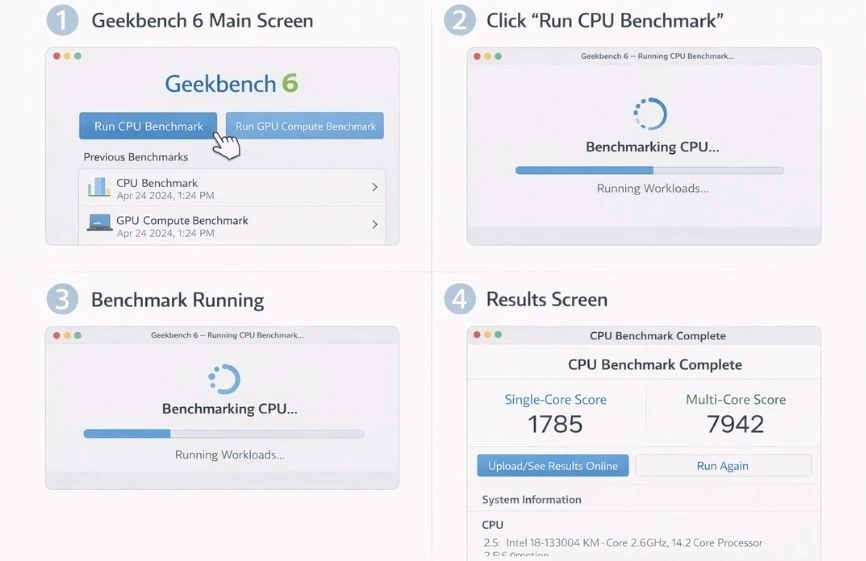 Geekbench 6 CPU benchmark process showing test execution and single-core and multi-core results.