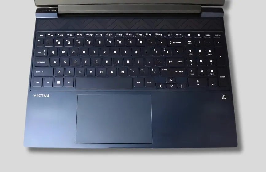Best Laptop for AutoCAD and Revit in 2026: Our Top Picks 53 Top-down view of HP Victus 15 keyboard and trackpad area with full-size keyboard layout