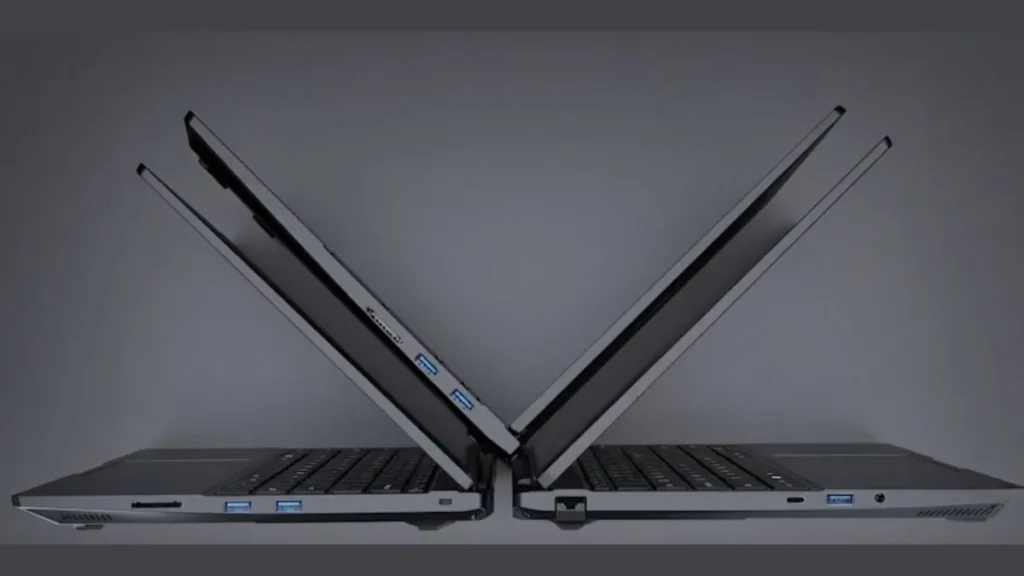 Side profile view of the InfinityBook Max 16 Gen 10 showing the hinge design, ports, and thin chassis