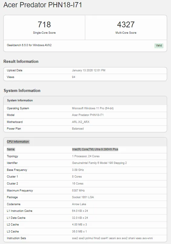 Intel Core Ultra 9 290HX Plus Confirmed in Acer Predator via Geekbench 1 Geekbench benchmark results listing Intel Core Ultra 9 290HX Plus tested on an Acer Predator laptop with single-core and multi-core scores
