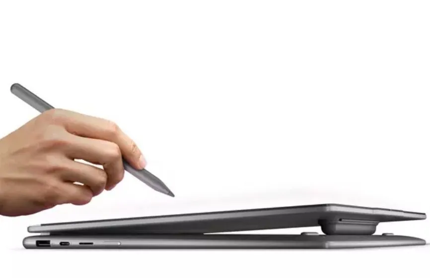 Lenovo Yoga 7i Aura Edition convertible laptop shown in tablet mode with stylus input
