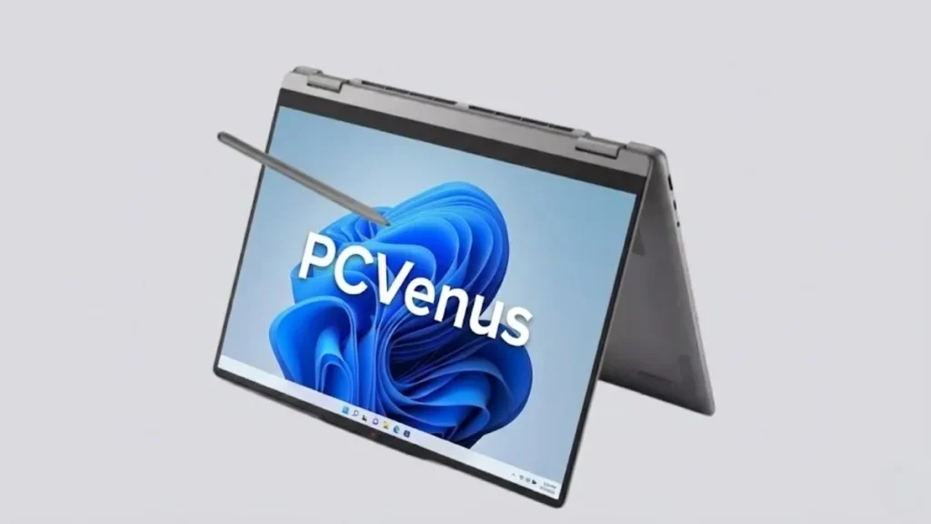 Lenovo Yoga 7i Aura Edition convertible laptop shown in tent mode with touchscreen display