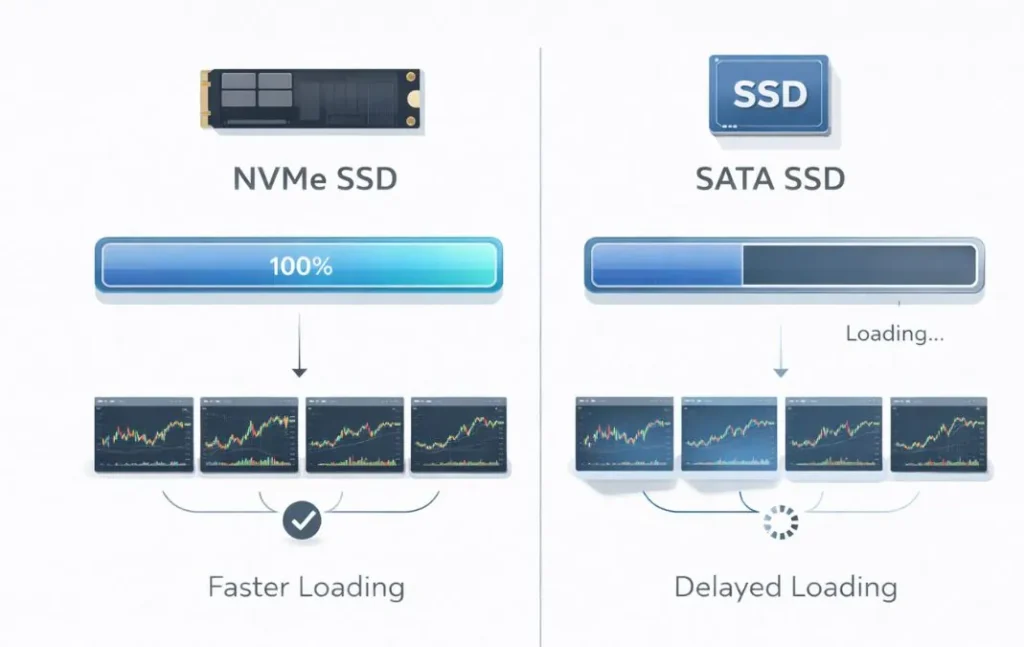 Best Laptops for Trading in 2026: Multi-Monitor, and All-Day Ready 8 Comparison between NVMe SSD and SATA SSD showing faster and slower loading of trading charts.