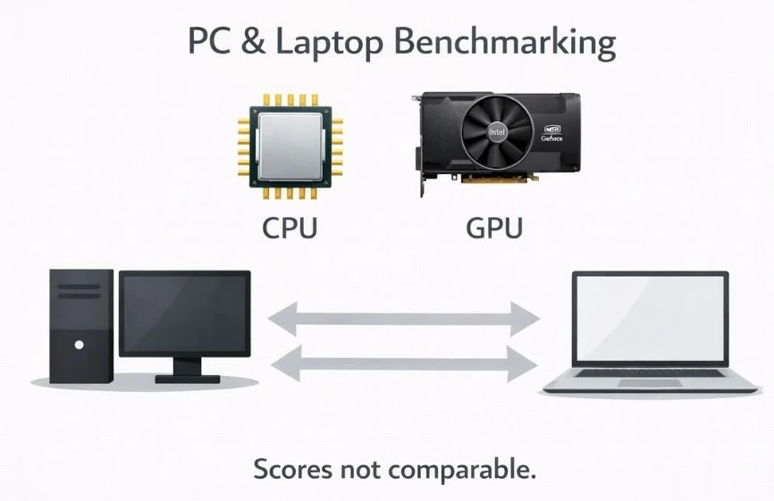 PC and laptop benchmarking comparison showing CPU and GPU performance differences and score limitations.