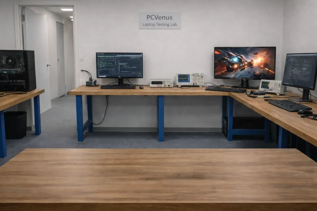 Empty laptop testing desk inside PCVenus lab showing measurement tools and benchmarking monitors