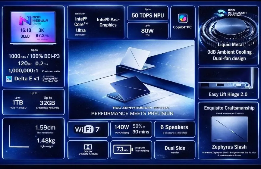 Asus Cancelled an Intel-Only ROG Zephyrus G14 Before CES 2026 1 Leaked specification highlights of the ROG Zephyrus G14 showing display, processor, graphics, and design details