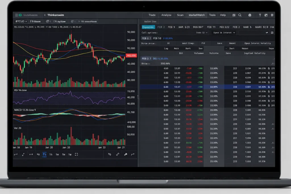 Best Laptops for Trading in 2026: Multi-Monitor, and All-Day Ready 36 Laptop screen showing advanced trading software Thinkorswim with charts, indicators, and order data panels.