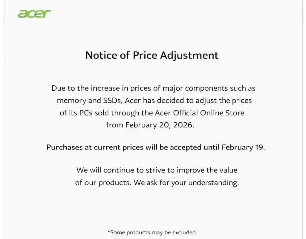 Official Acer notice announcing PC price adjustment effective February 20, 2026 due to increased memory and SSD costs