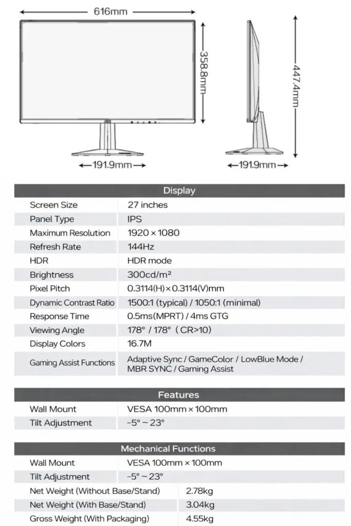 AOC 27B35XE monitor specifications showing 27-inch IPS panel, 1080p resolution, and 144Hz refresh rate