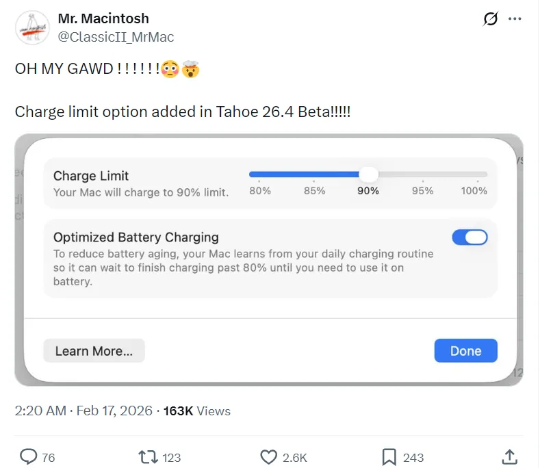 macOS 26.4 beta showing new manual charge limit slider set to 90 percent on MacBook battery settings